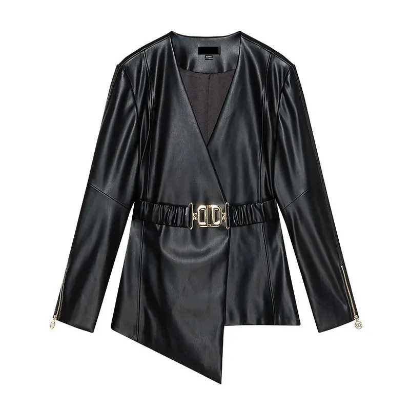 YRP015 Good quality Belted Faux Leather Jacket Upmarket Artificial Lambskin Coat