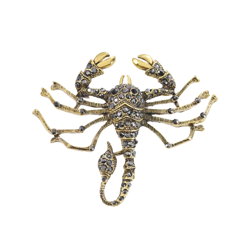 Factory Directly Sale Customized Brooch Rhinestones Pave Antique Gold Plated Alloy Scorpion Pins