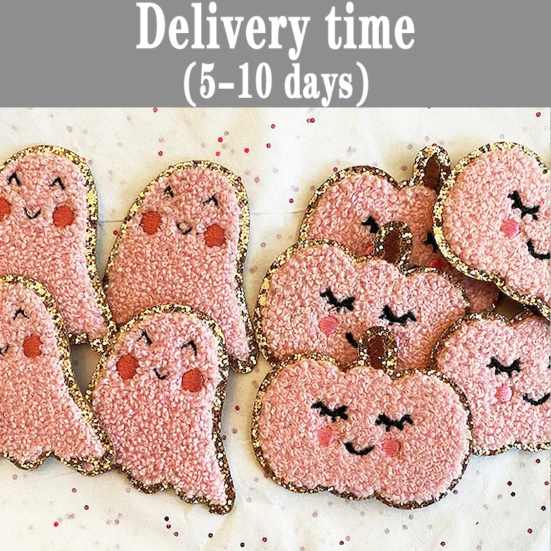 Wholesale Girl Mickey Halloween Pumpkin Chenille Patches With Purple Bow