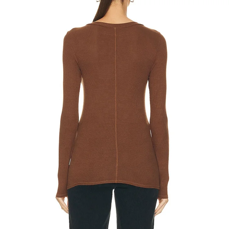 Latest fashion design high quality elegant fitness wide neck long sleeve soft shirts for women brown blouses