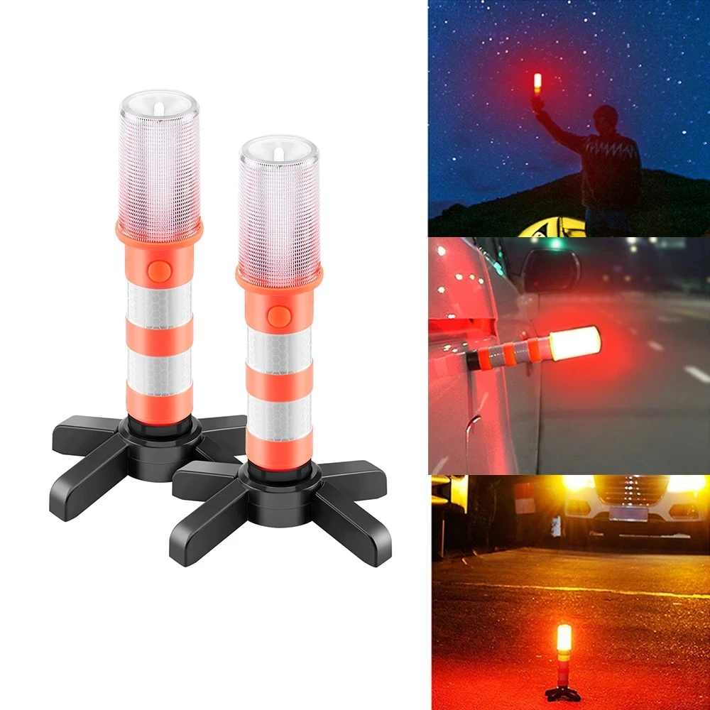 2pc LED Magnetic Flashlight Emergency Roadside Flares Detachable Stand Beacon Safety Strobe Light Warning Signal Alert SOS Light