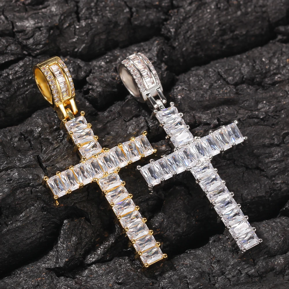 UWIN Hip Hop Gold Plated 5mm Baguette CZ Cross Charm Pendant Golden Bling Rapper Cross Pendants Necklace