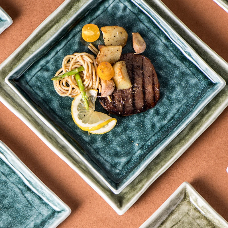 Stocked Feature Ceramic square serving plate for BBQ restaurant sushi plate set Porcelain japanese tableware