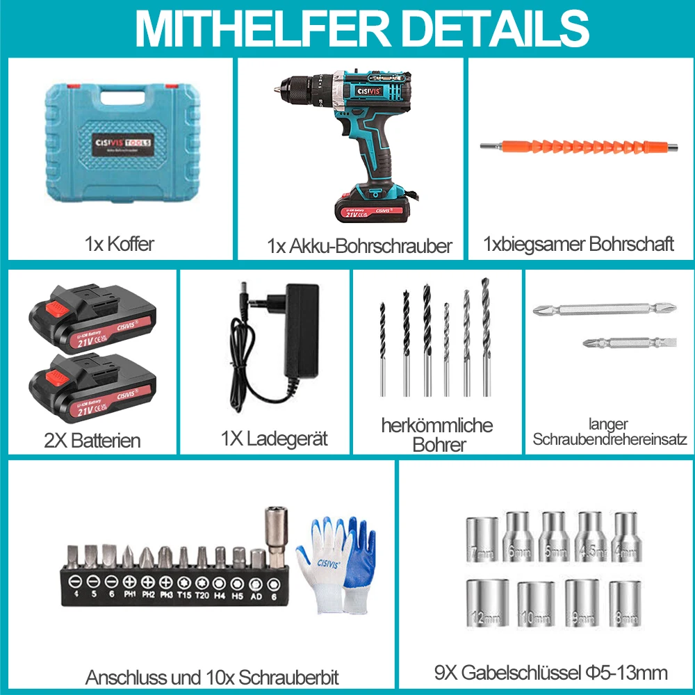 21V Cordless Power Drill Handheld Quick Electric Screwdriver Lithium-Ion Battery Brush Motor Impact Hammer DIY Customizable OEM