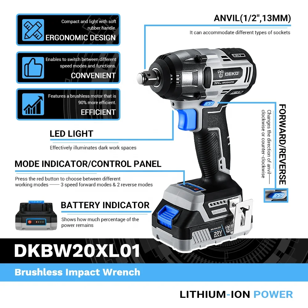  DEKO DKBW20XL01-H Аккумуляторный ударный гайковерт с бесщеточным двигателем 350N. М 13 мм наковальня мощность Электрический вперед обратный ключ дюймовый стандарт индикатором режима