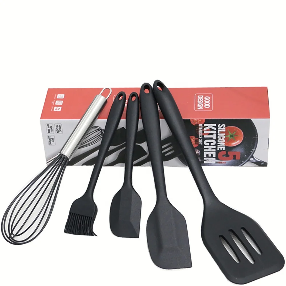 
2021 Amazon Hot Sale Kitchenware Rose Gold Spatula Eggbeater Shovel Food Clip Silicone Baking Tool 5-piece Set 