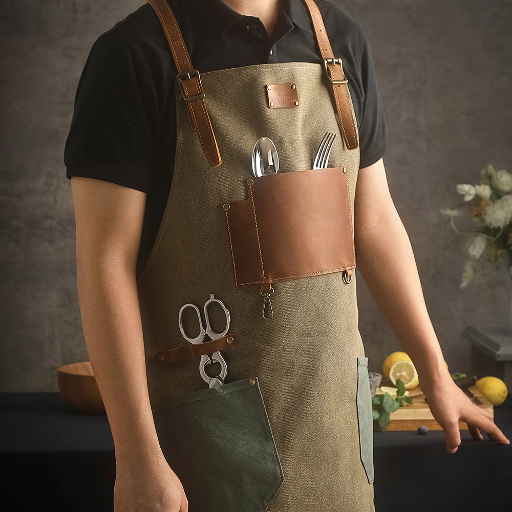Professional Chef Cooking Aprons Washable Adjustable Canvas Full Grain Leather Green Apron Multifunctional Kitchen Accessories