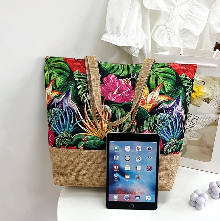 Hot Selling Trend Cotton Linen Summer Beach Towel Tote Large Capacity Shopping Bags Tropical Print Handbag For Lady