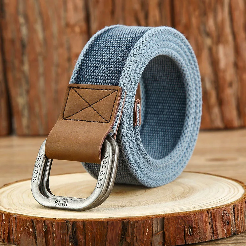 Men Genuine Leather Canvas Fabric Belts Casual Web Cloth Belts with Black Double Ring Buckle