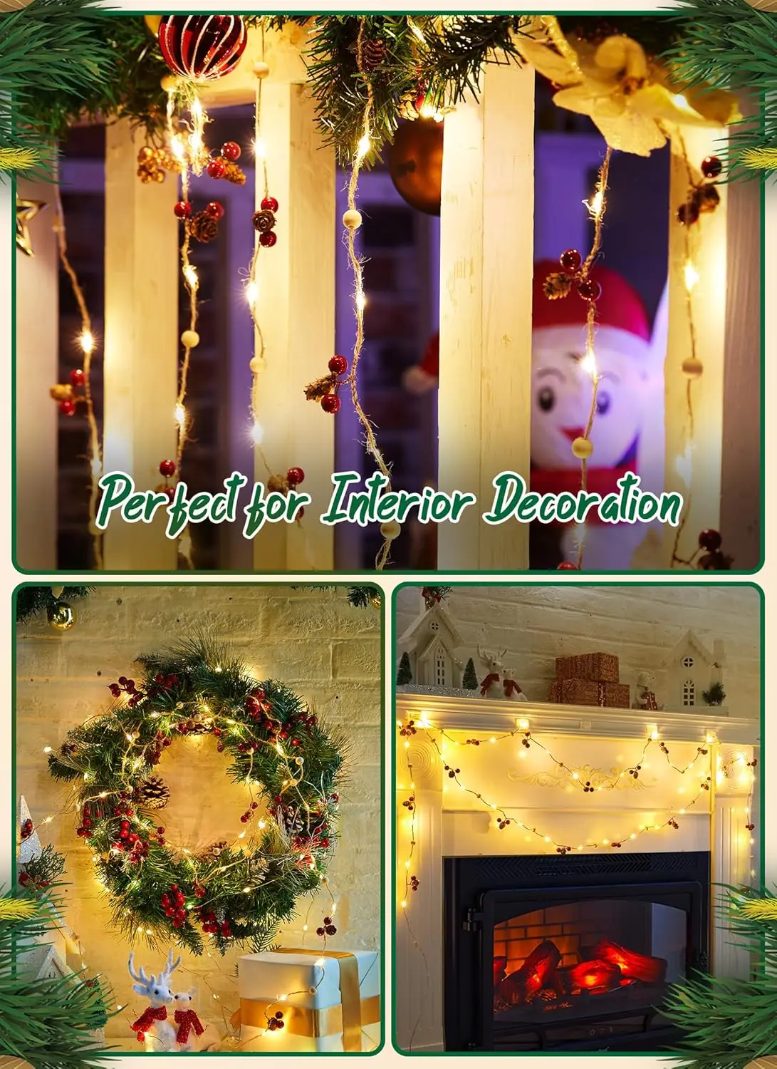 Tsinye LED Christmas Pinecone Lights Total Red Berry Pine Cone Garland with Lights for Home Indoor Christmas Decorations