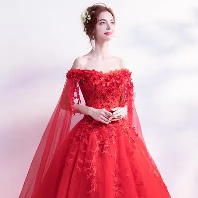 Bride Married Banquet Red Evening Dress Boat Neck Cape Lace Flower Long Prom Party Formal Gown