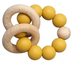 Custom Food Grade Silicon Mitten Toy chewable Rattle Wooden Teething Toys Ring Baby Gift Set Baby Silicone Teether