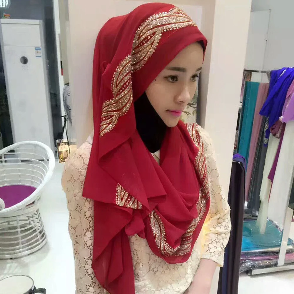 180*75 CM Malaysian Gold  Rhinestone Shawl Hijab Female Plain Chiffon Scarf Hijab