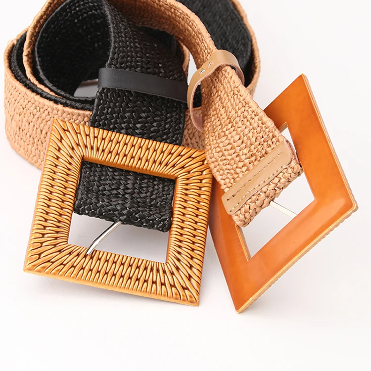 Bohemian style custom buckle waistband stretch straw woven women braided belt