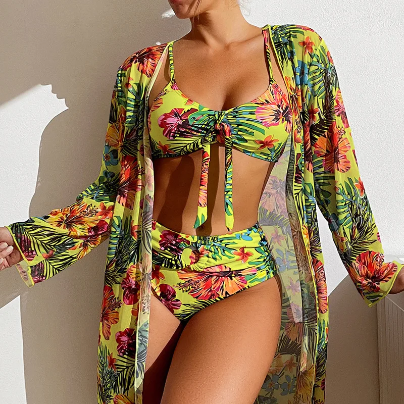 JSN9202103 2024  factory classical  floral print box bottom  bikini with long sleeves chiffon sarong for lady