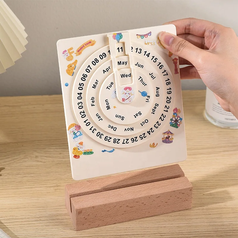 2025 High Quality Home Office Desk Decor Rotatable Desk Disc Calendar With Wooden Base Turntable Perpetual Calendar