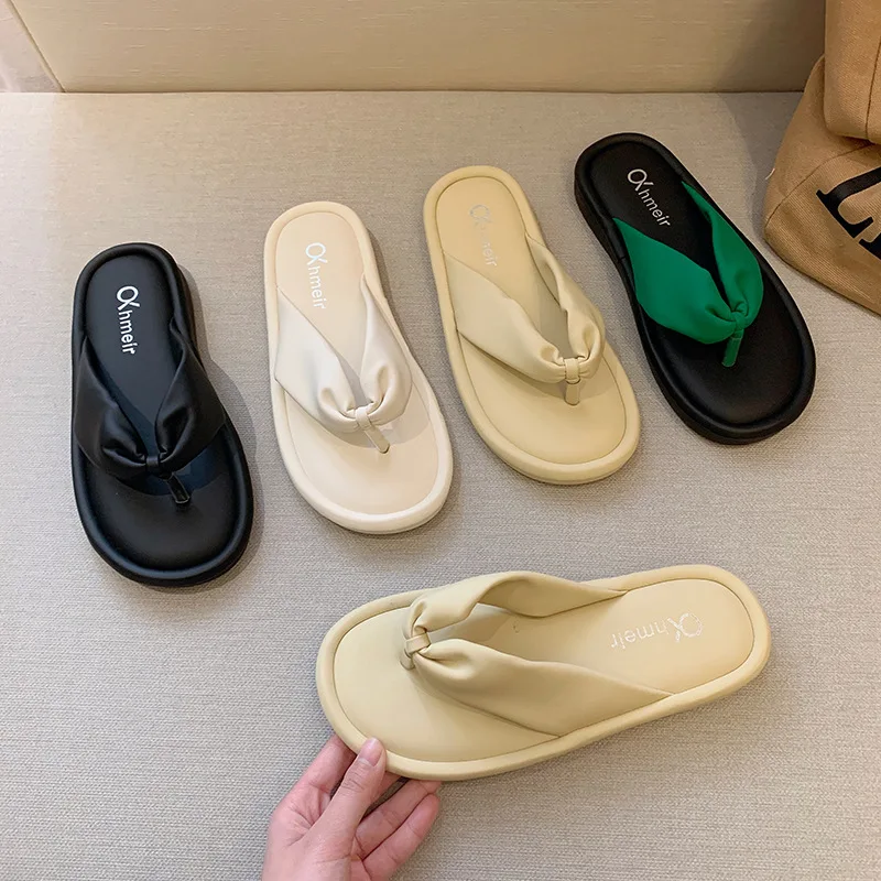 Fashion Ladies Platform Beach Flip Flops Casual Sandals Candy Color Non-Skid Soft Non-Slip Pvc Pu Rubber Flip-Flops Slippers