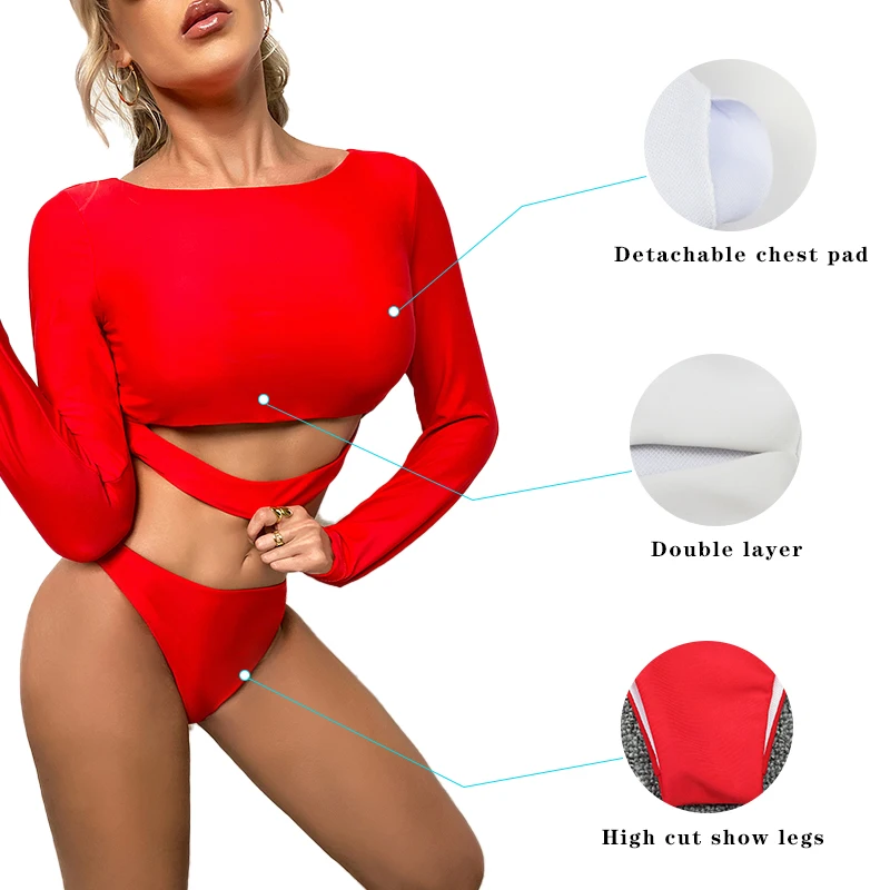 JSN7159 New Design swimwear factory 2024 New Long Sleeve Solid Swimsuit Bathing Suit swimwear fabric bikini swimwear thong