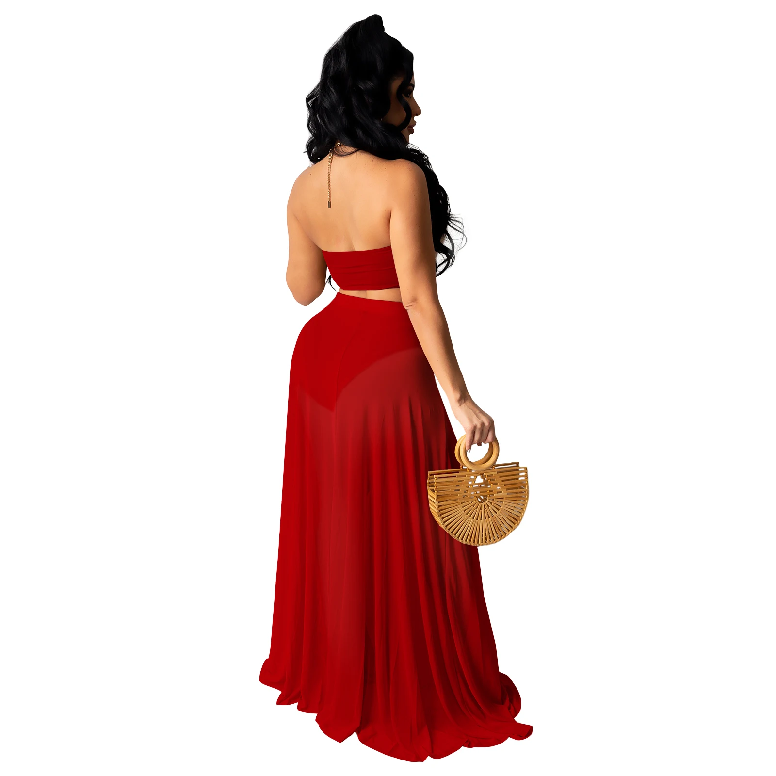 Foma 2023 solid color mesh see through tong top two piece summer sets for women vacation two piece set