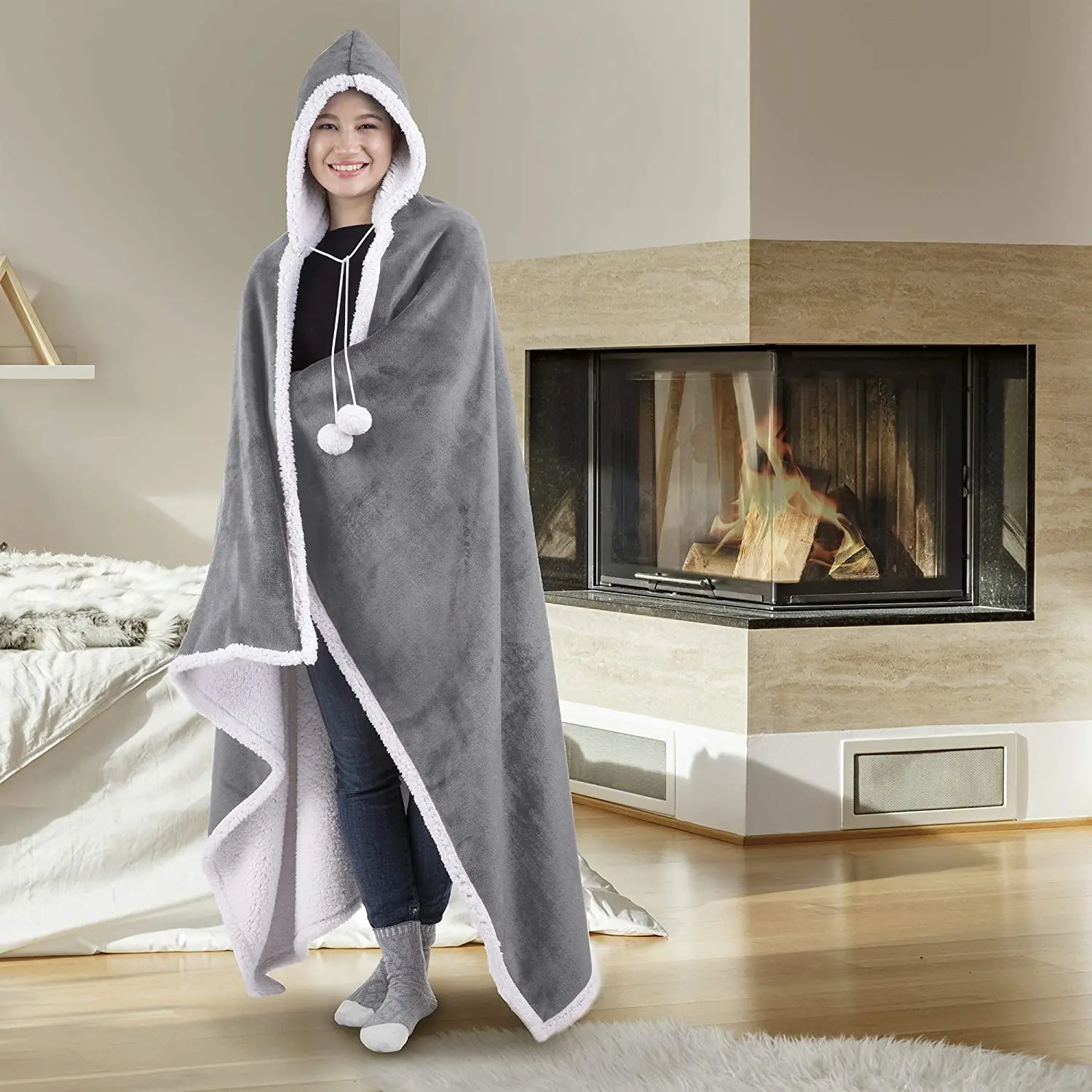 Bulk Wholesale Adults Custom Thick Warm Plush Soft Mink Fleece Sherpa Wearable Hooded Blanket for Winter