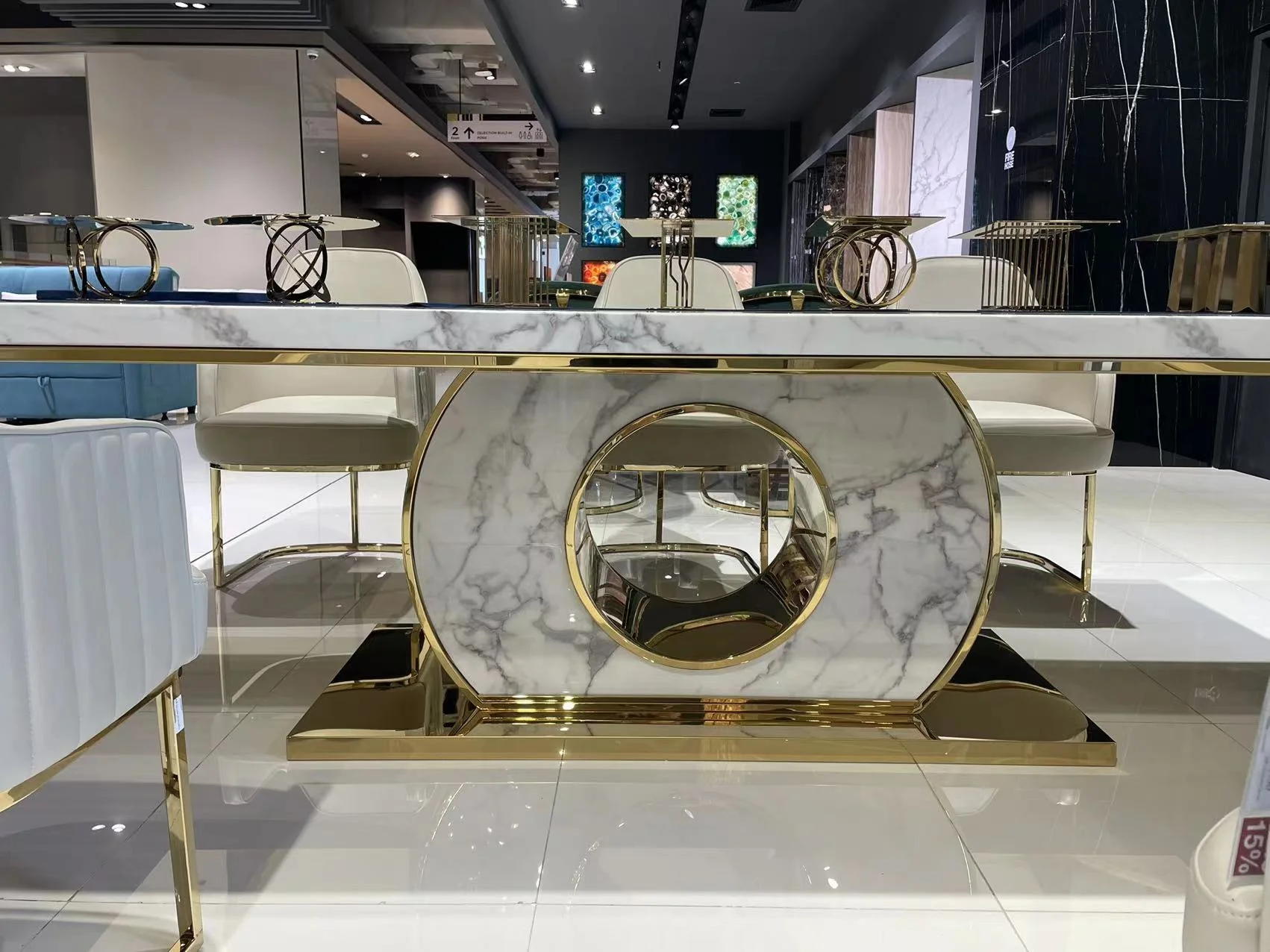 AN08  Luxury   round  Coin  gold chromed dining table set 10 seater marble table  chair set