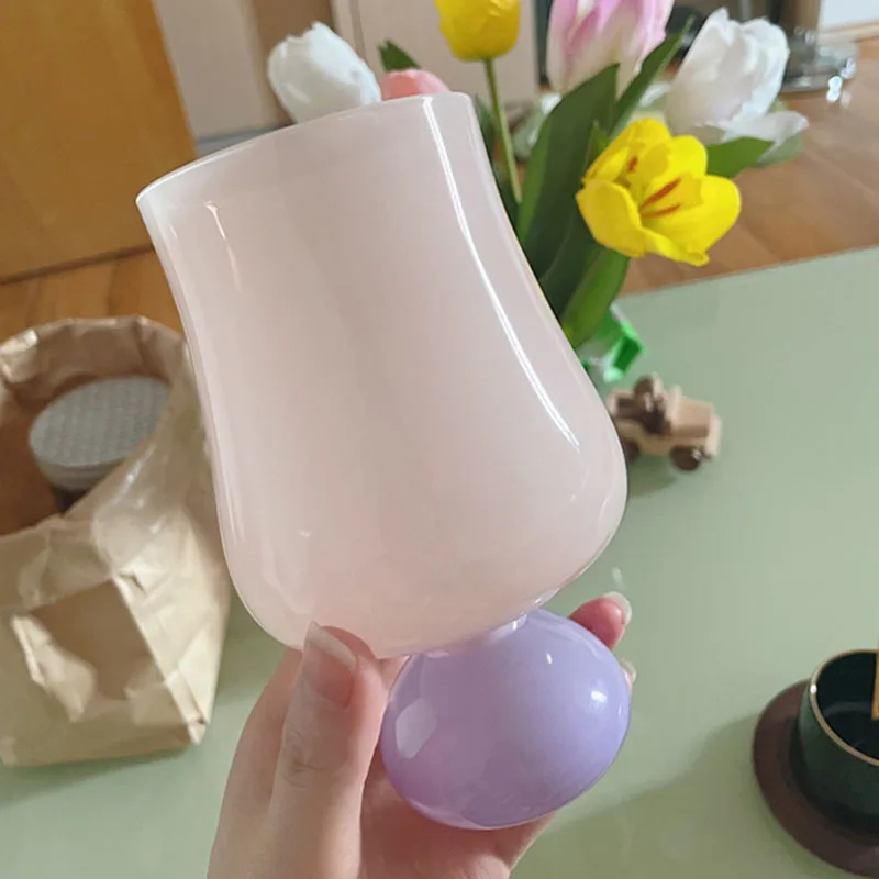 Vintage French Round Tulip Pink Wine Goblet Home Decor Restaurant Champagne Glass Kitchen Party Drink Water Coffee Glasses Cup