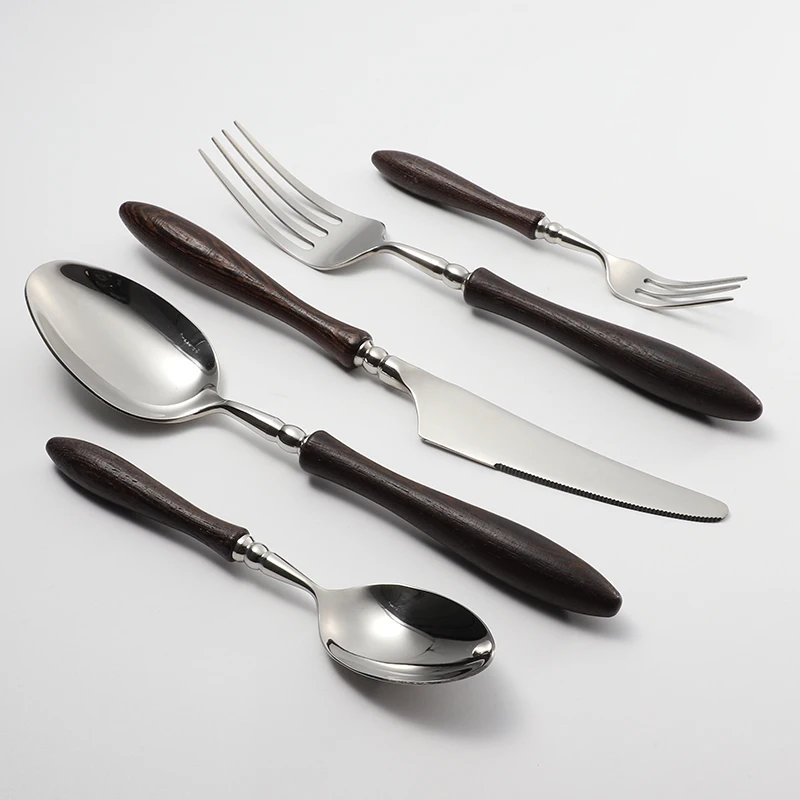 304 Stainless Steel Wooden Spoon Knife And Fork Reusable Wood Flatware Silver Cutlery Set