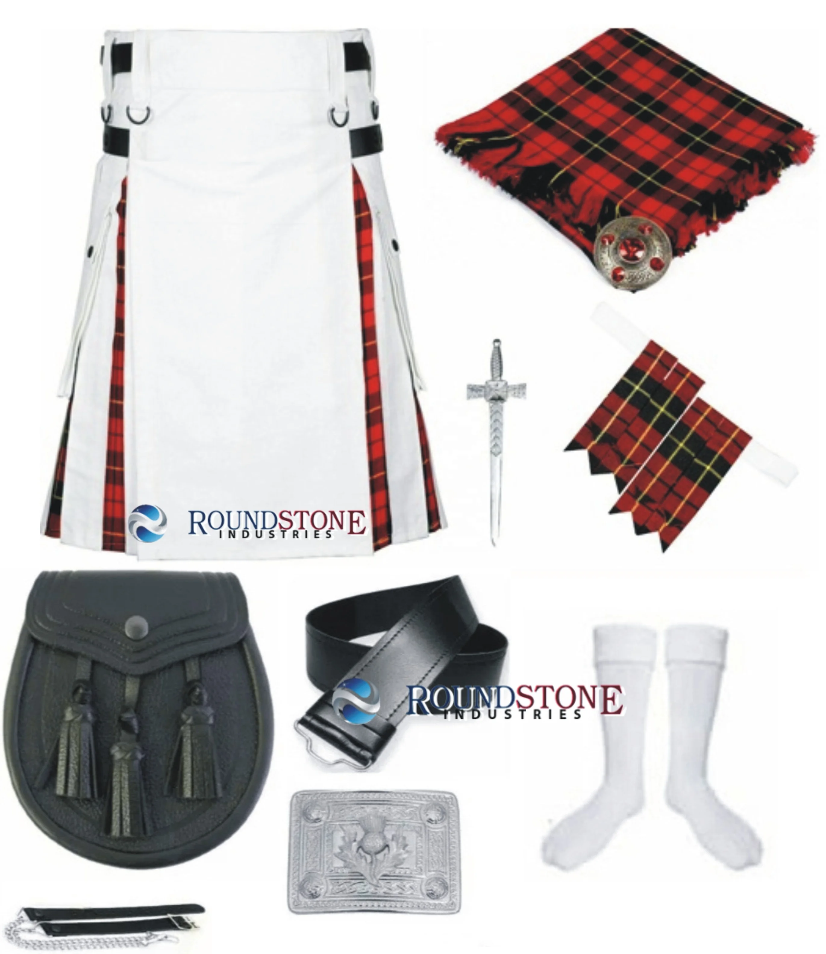 White Utility  Wallace Tartan Kilt Outfit Deal With Accessories _Flashes_Fly Plaid_Sporran_Socks_Kilt Belt_ Buckles _Kilt pin