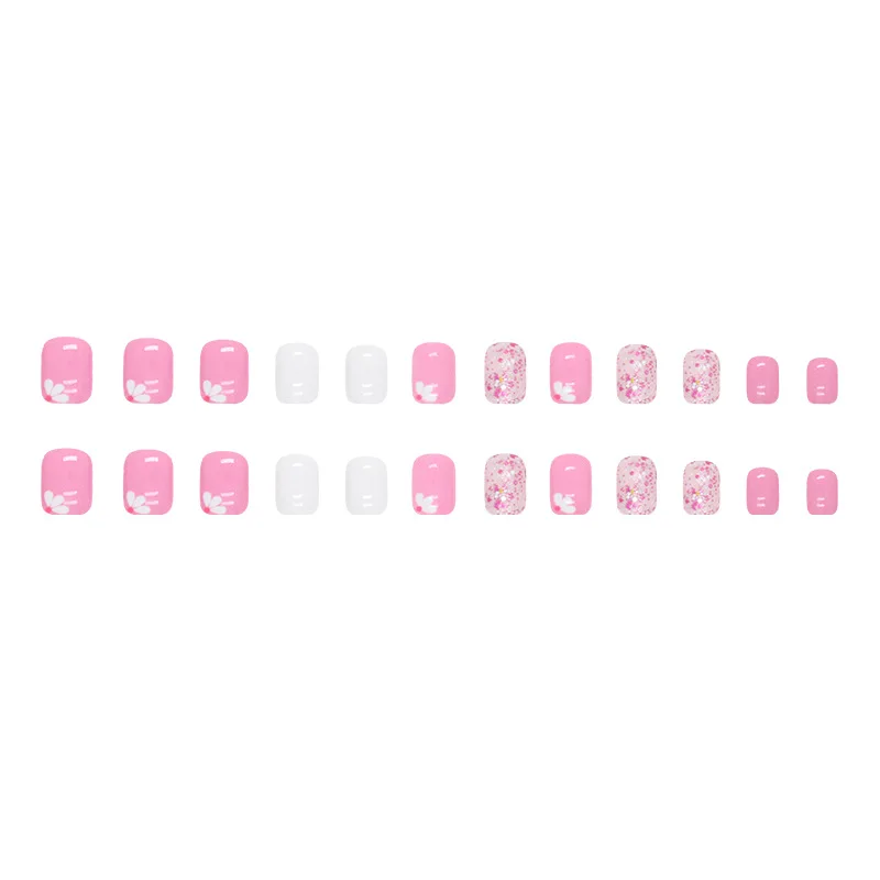 24pcs Pink White Flowers Cute Explosive Short Square False Nails Stick On Nails Press on Nails