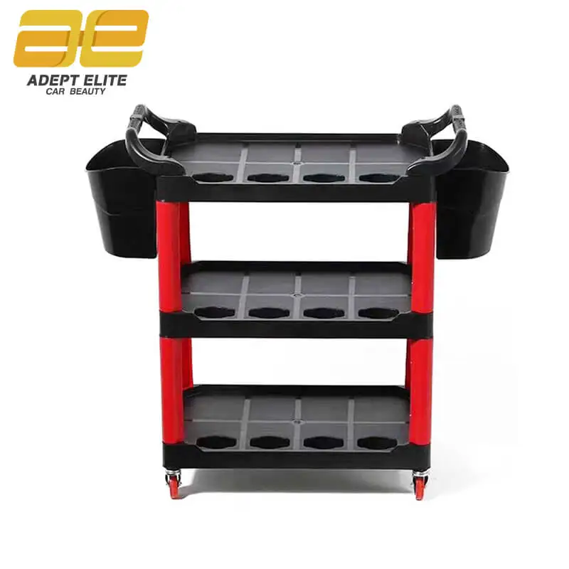 Multi-Purpose Auto Beauty Trolley Garage Car Washing Shop Three-Story Auto Beauty Tool Cart with Bucket and Blottle Hook