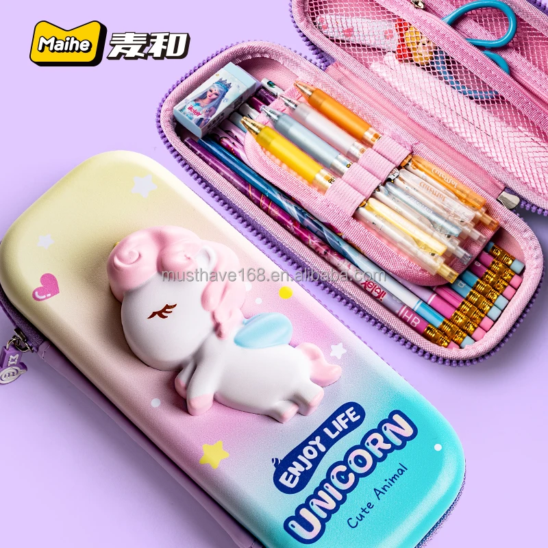 Maihe Maimai Girl Kids Waterproof EVA School Cute Pencil Case  With Zipper And Squishy Toy
