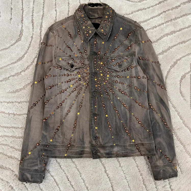 EDGE DENIM Manufacturer Custom distressed vintage washed full rivet rhinestone embroidery men jeans jacket for men