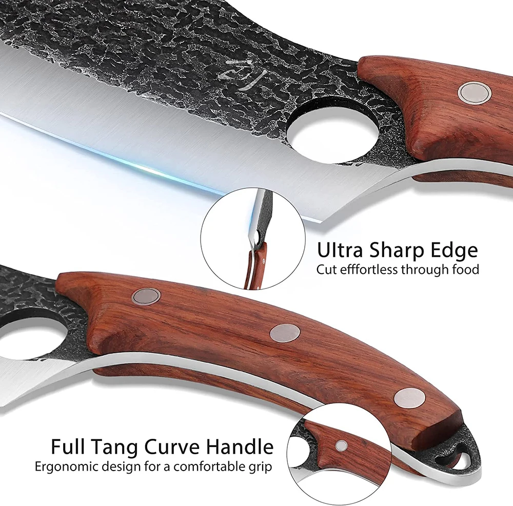 High Quality Wholesale Price Bone Knife Wooden Handle Nonstick Stainless Steel Butcher Bone Knife Set with PU Sheath