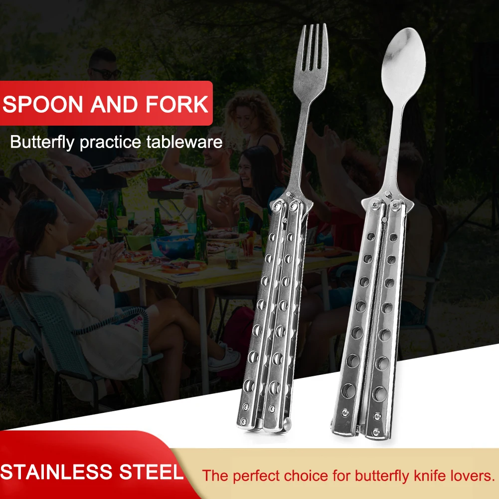 Camping Balisong Spoon Fork Metal Trainer Game Butterfly Knife Folding Tableware