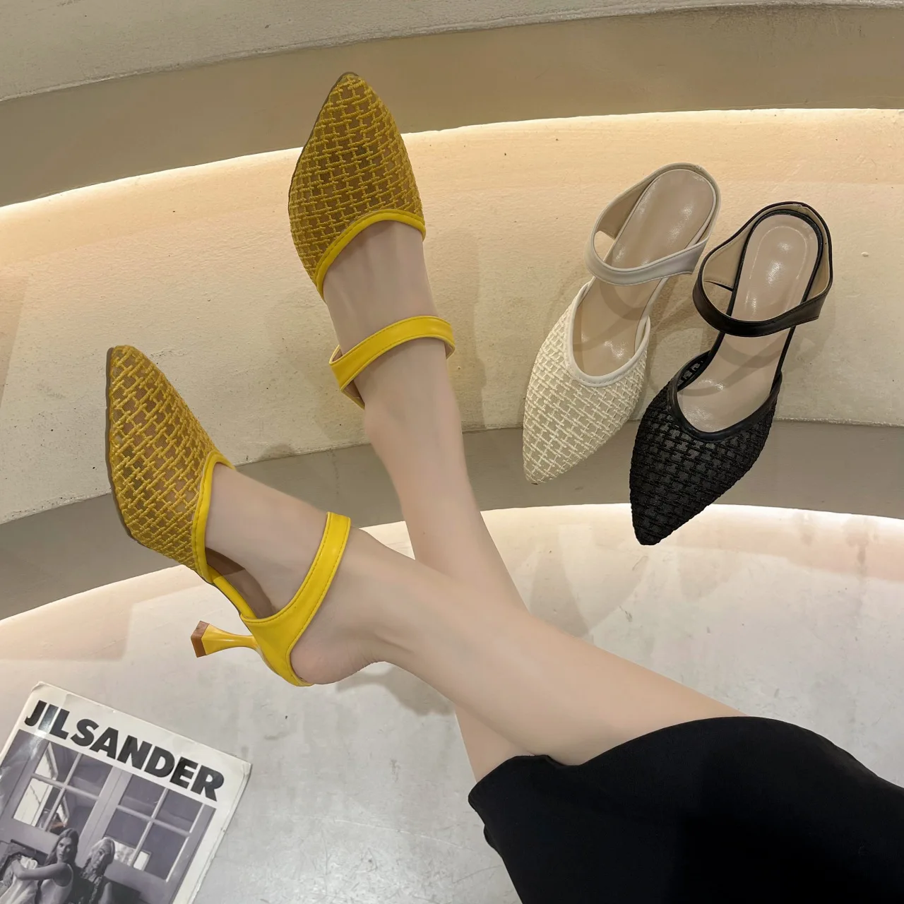 2022 new design summer Korean women mesh breathable thin-heeled slip-on cool fashion high-heeled slippers
