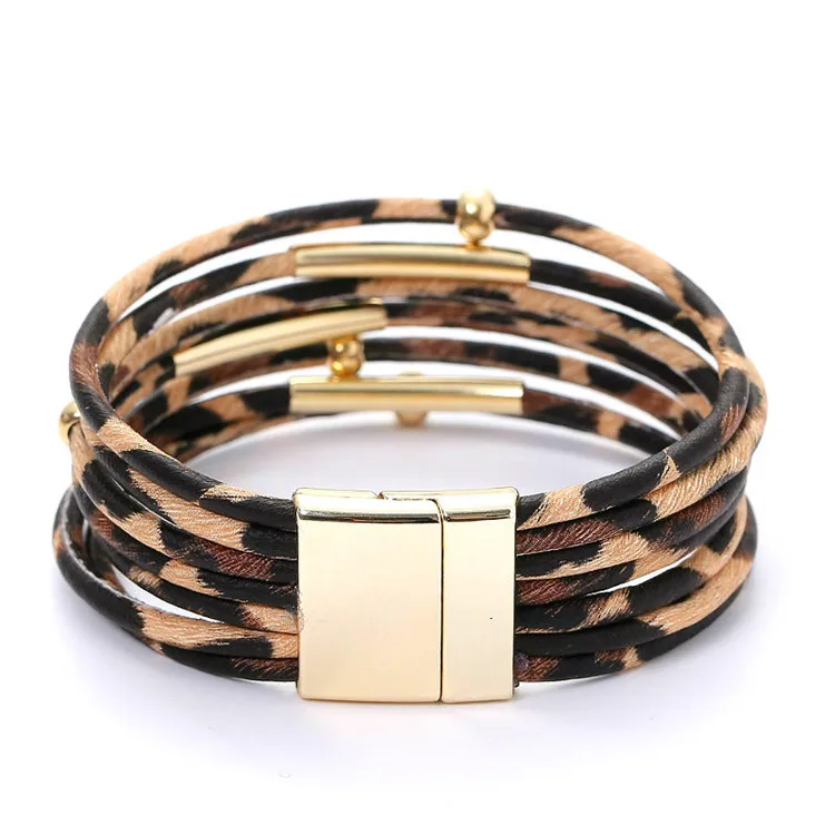 Leopard Bracelets for Women Metal Pipe Charm Multilayer Wide Leather Wrap Bracelet