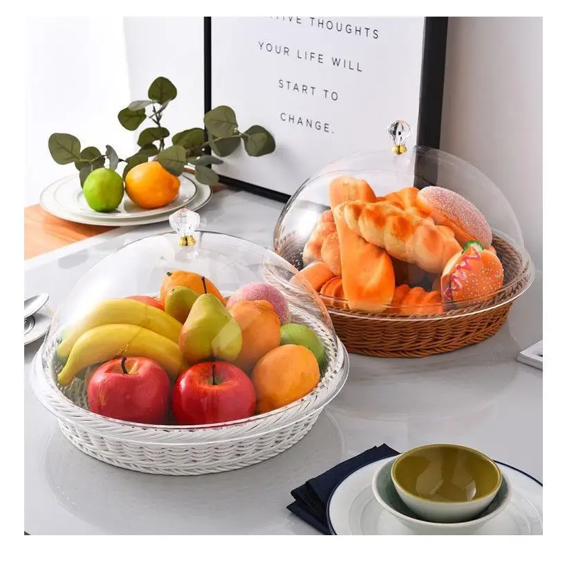 Desk Bread Organizer Basket Tray Stackable Kitchen Woven Japanese Style Hollow Fruit Plastic  PP Rattan Storage Baskets with Lid