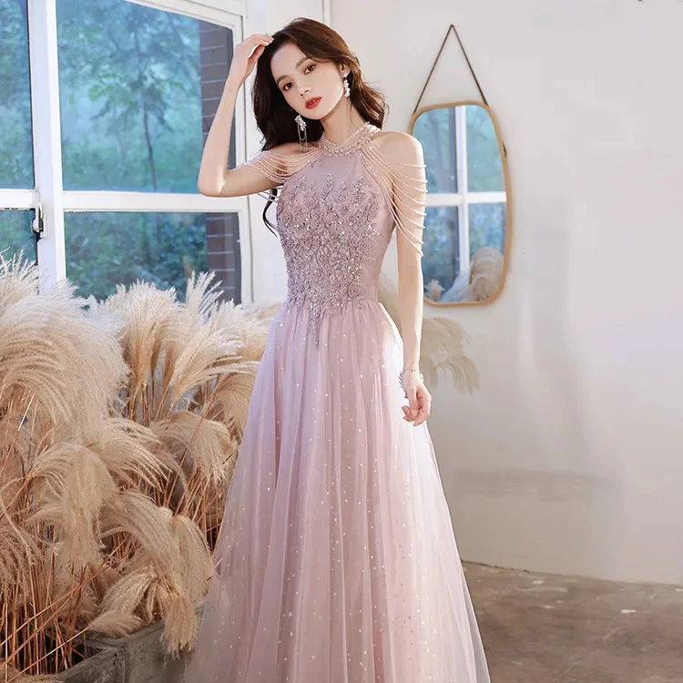 Pink evening dress for women new temperament socialite high-end banquet bridesmaid engagement birthday hosting dress