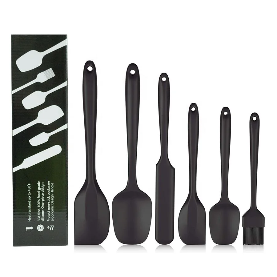 Nonstick Heat Resistant Cookware 6PCS Black Silicone Spatula Scraper Set for Cooking Baking