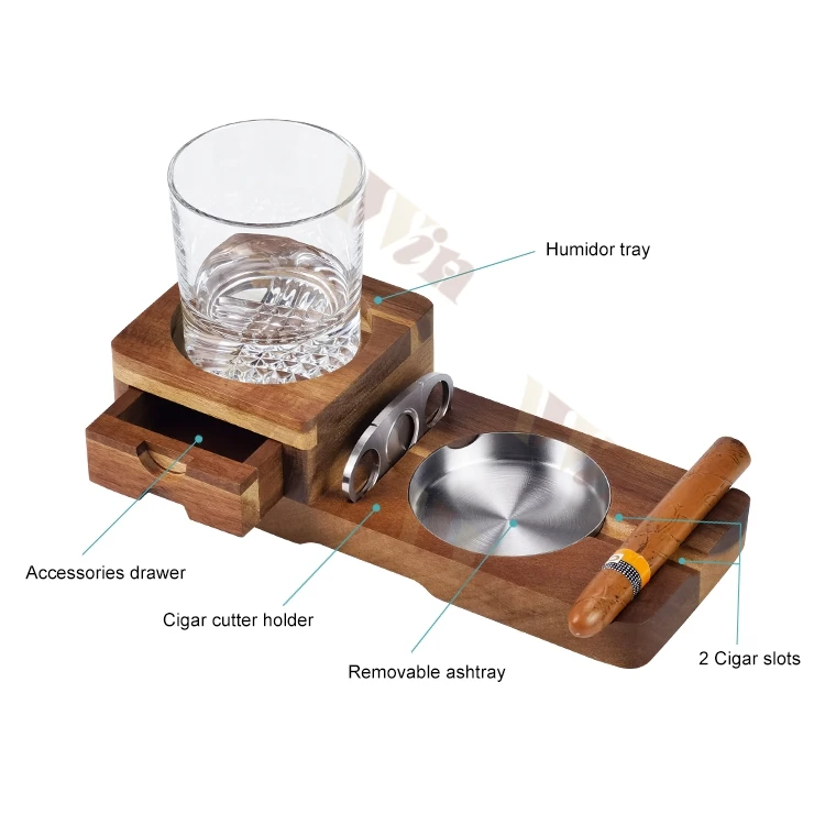 Personalized Custom High Quality Luxury Wooden Cigar Ashtray Heavy Base Lead Free Whiskey Glass Set With Cutter Gift For Men
