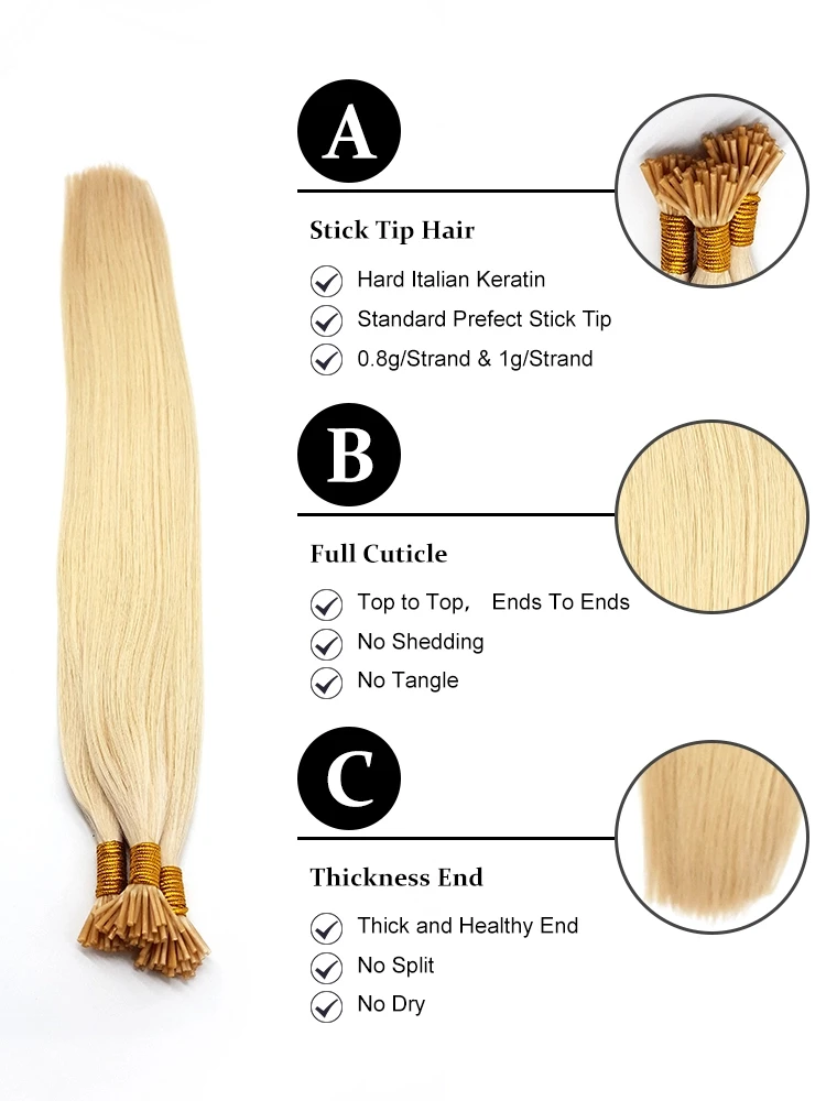 Double Drawn Italian Glue Pre Bonded Keratin I Tip Hair Extensions Cuticle Aligned Remy I Tip Human Hair
