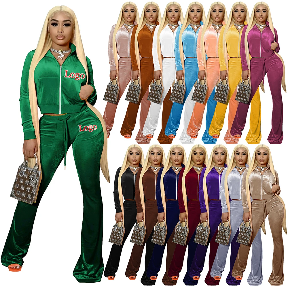 Solid Color Custom Logo Xs Long Sleeve Zippers Coat Flare Pants Winter Womens Tracksuits 2 Piece Set Zipper Velvet Velour