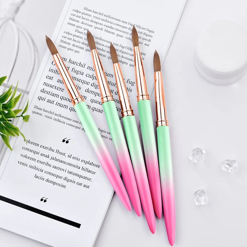 Hot Selling Superior Quality Germany Private Custom Label  Pink Green Gradient  Metal Kolinsky Nail Brushes Wholesale #8 to #18