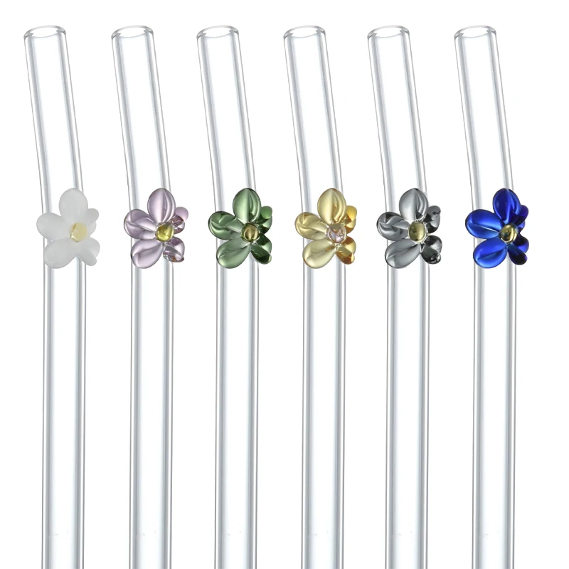 Top seller custom reusable cute flower colored bent cupful borosilicate glass straw with charm hook design set