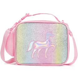 Kids Rainbow Lunch Box Girls Insulated Lunch Bag with Shoulder Strap Pocket Cooler Thermal Meal Lunch Tote Bag for School