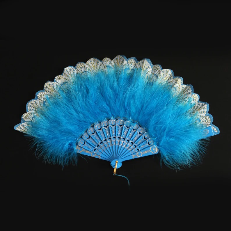 Vintage Lolita Folding Fan Colorful Feather Fan Women Cosplay Dance Fan