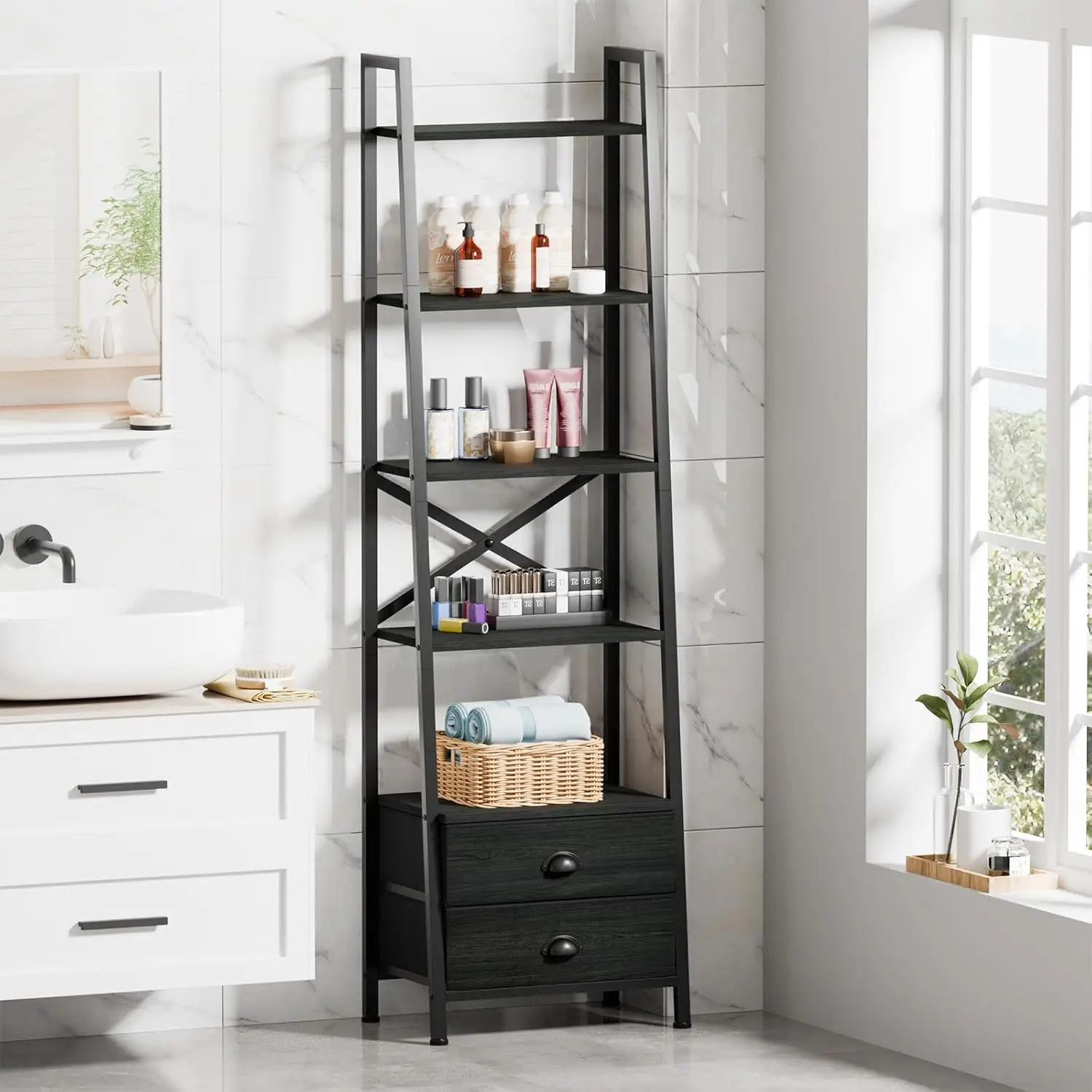 Bedroom Furniture Living Room Wood Metal Ladder Shelf Narrow Bookshelf Storage Shelves Industrial Bookcase 2 Drawers Shelf