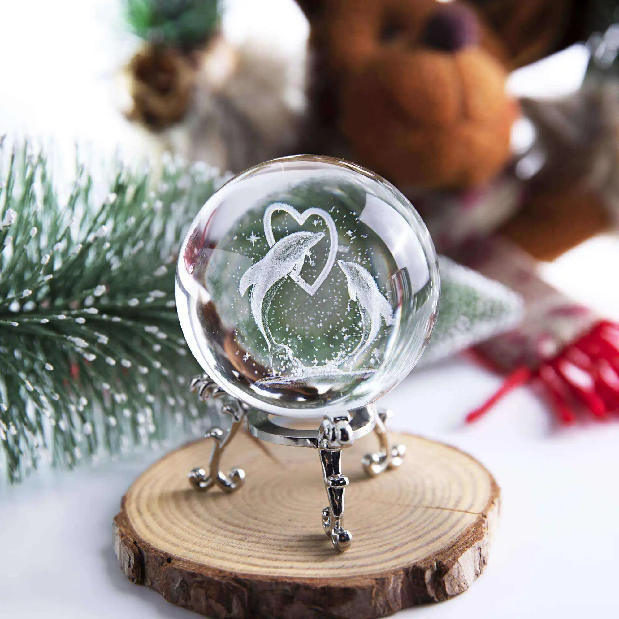 JY Wholesale new fashion thanksgiving gift dolphin figurine 3d laser engraving  crystal glass ball