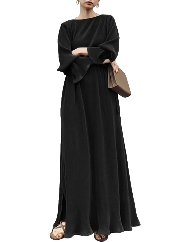 New Modest Satin Dress Vintage Style with belt flare Sleeve strips material Muslim Malaysia Indonesia Middle East cabaya