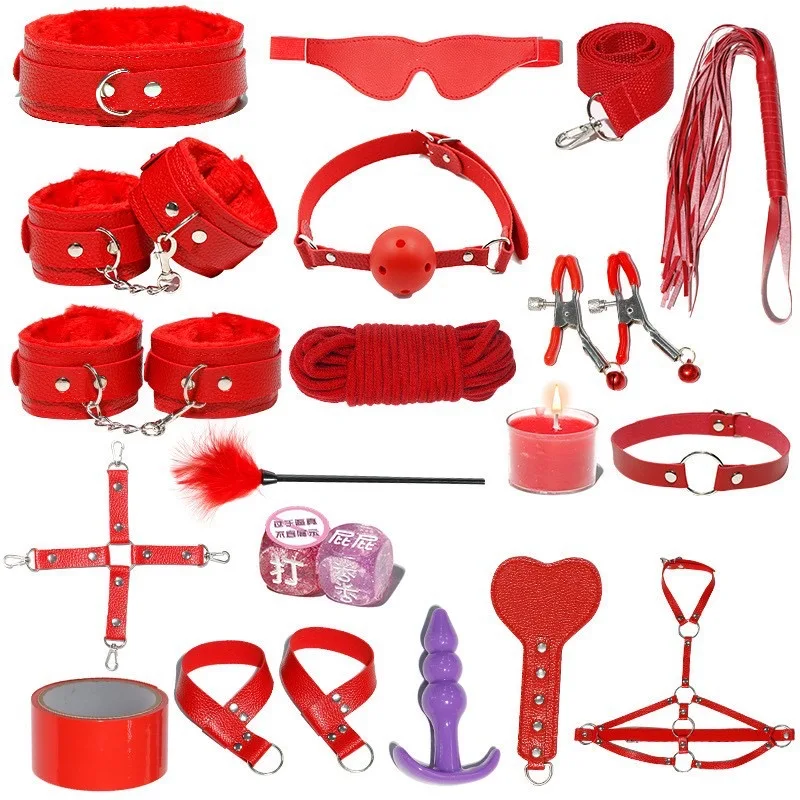 18 piece set Leather Bondage Kit SM Passion Fetish Bed Restraints BDSM Handcuffs Gag Whip Collar Sex Play Bondage Set